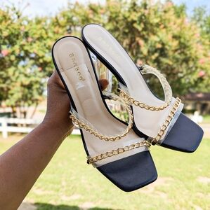 Bamboo Heels Women size 8 Open Toe Chain High Heels, Black